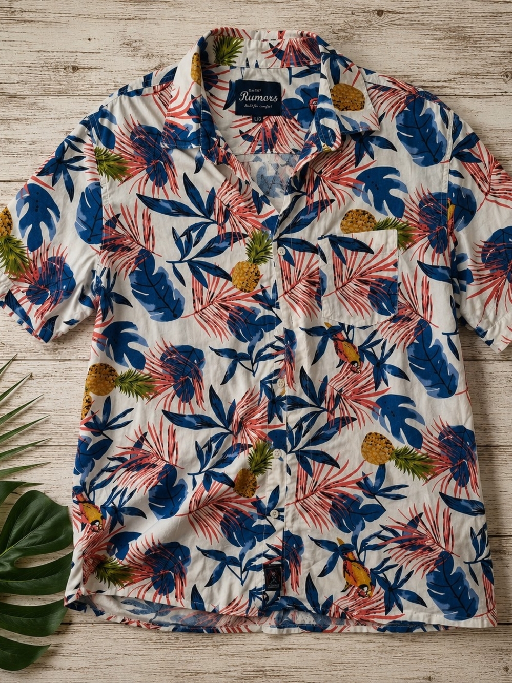 Rumors Tropical Hawaiian Shirt Large Unisex 100% Cotton Pineapple Parrot Print